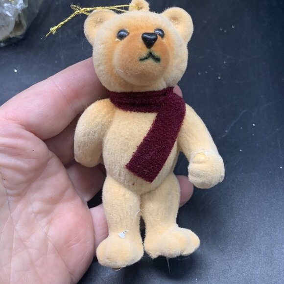 Vintage Blow Mold Flocked Teddy Bear Burgundy Scarf Christmas Ornament - Picture 8 of 9